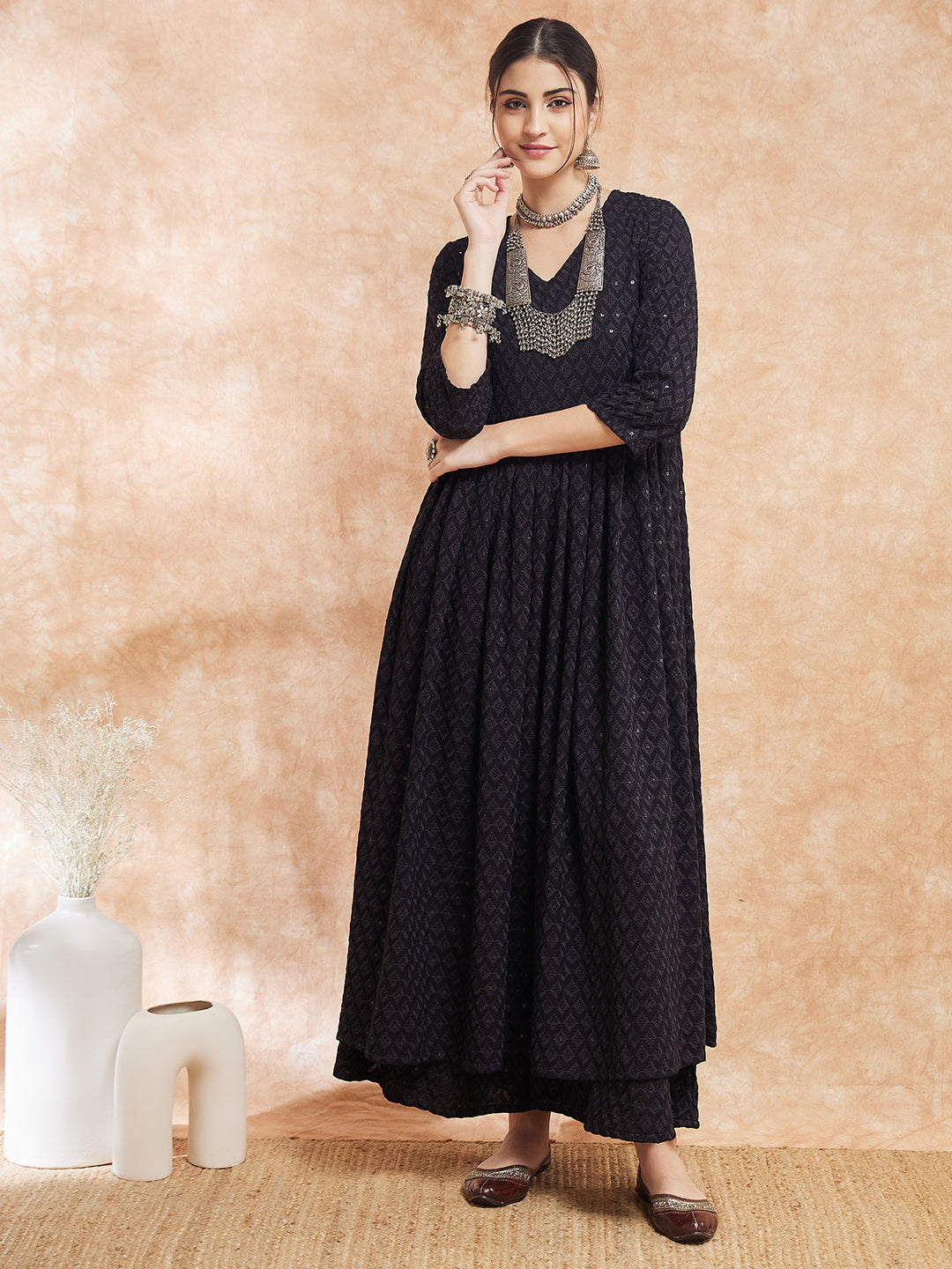 Buy Women's Rayon Plain Anarkali Kurti with Palazzo with Dupatta Set  (Size-Medium) Black at Amazon.in